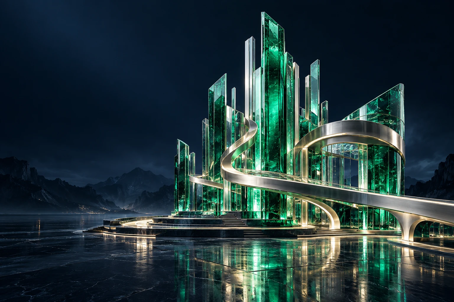 Sculptural emerald glass and platinum architecture