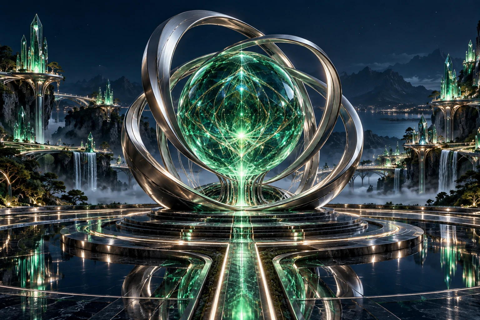 Emerald Glas Intelligenz Kern durch Platin-Strukturen verbunden